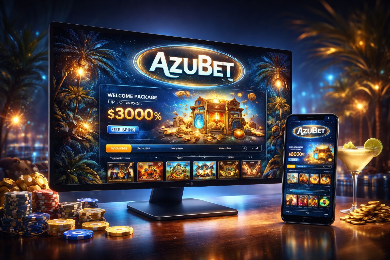 Vestíbulo principal de AzuBet Casino con tragamonedas y juegos en vivo para México