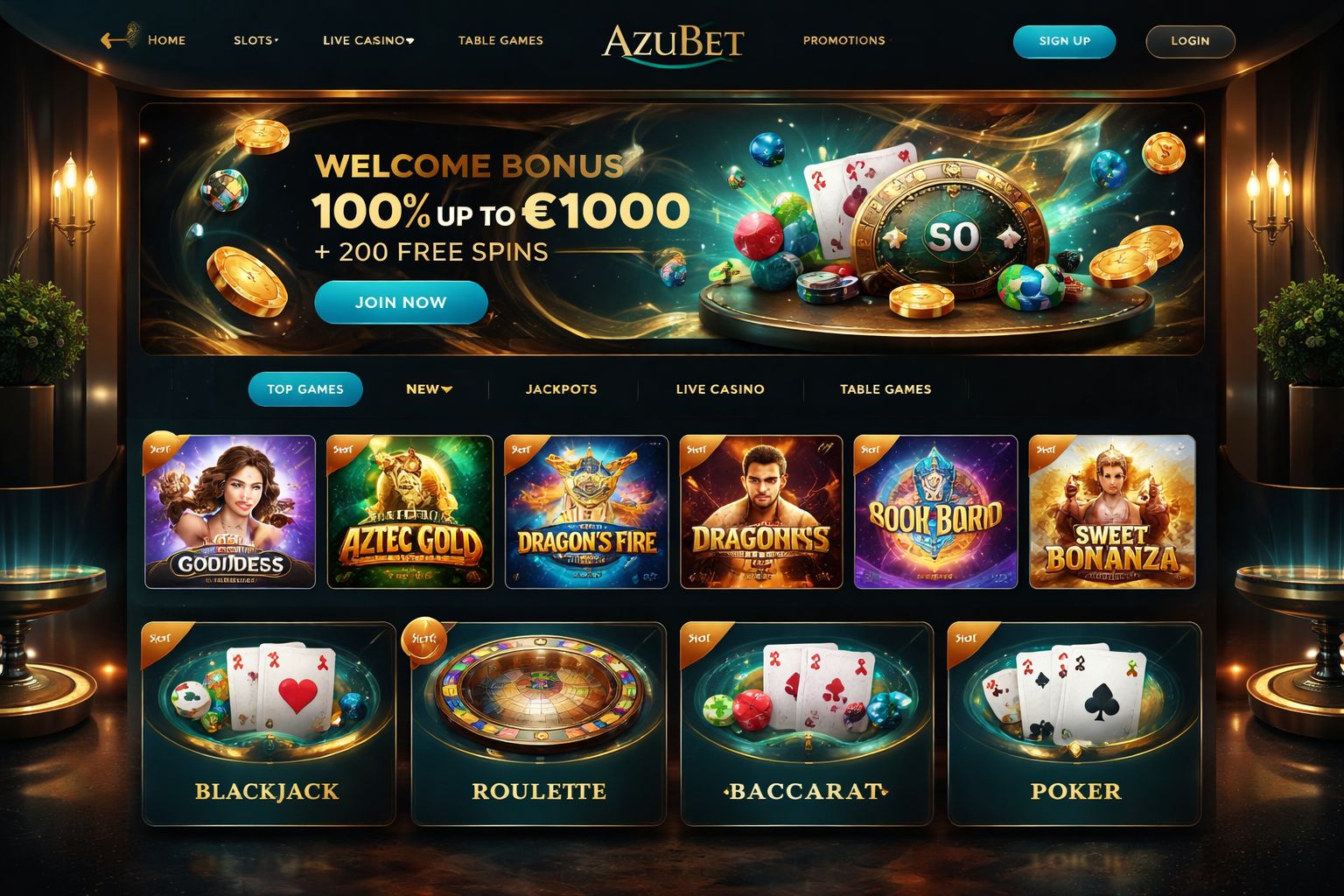 Vista general de la plataforma AzuBet Casino con juegos y promociones destacadas