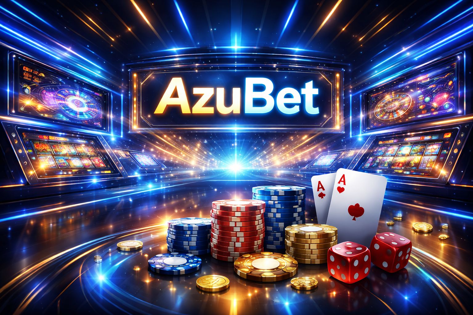Una vibrante exhibición de juegos de AzuBet con cartas, fichas, dados y pantallas brillantes en un entorno moderno estilo casino.