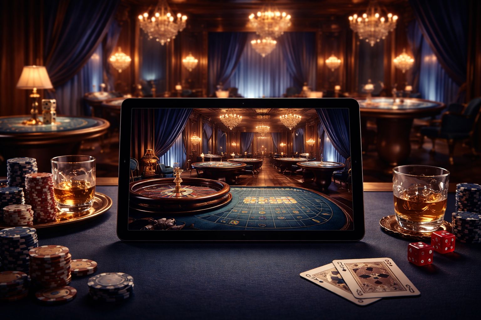 Una mesa de crupier en vivo pulida en la pantalla de una tableta con cartas, detalles de ruleta y una atmósfera de estudio premium.