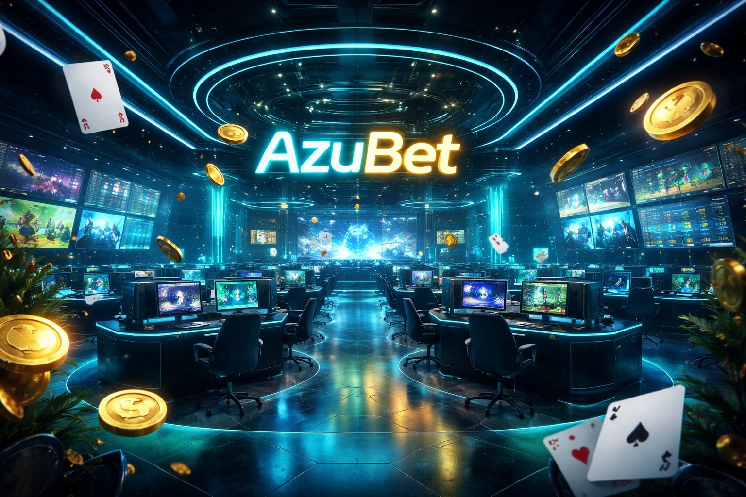 Un salón de juegos digital brillante con un letrero de neón AzuBet, monedas flotantes, cartas y pantallas de apuestas deportivas en un ambiente festivo.