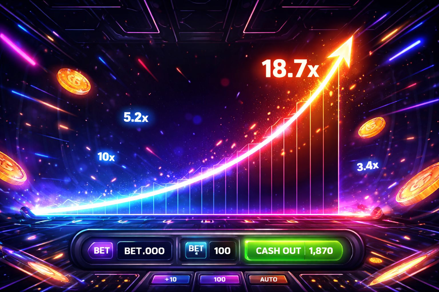 Una pantalla dinámica de juego estilo crash en AzuBet mostrando un multiplicador ascendente y visuales intensos de neón.