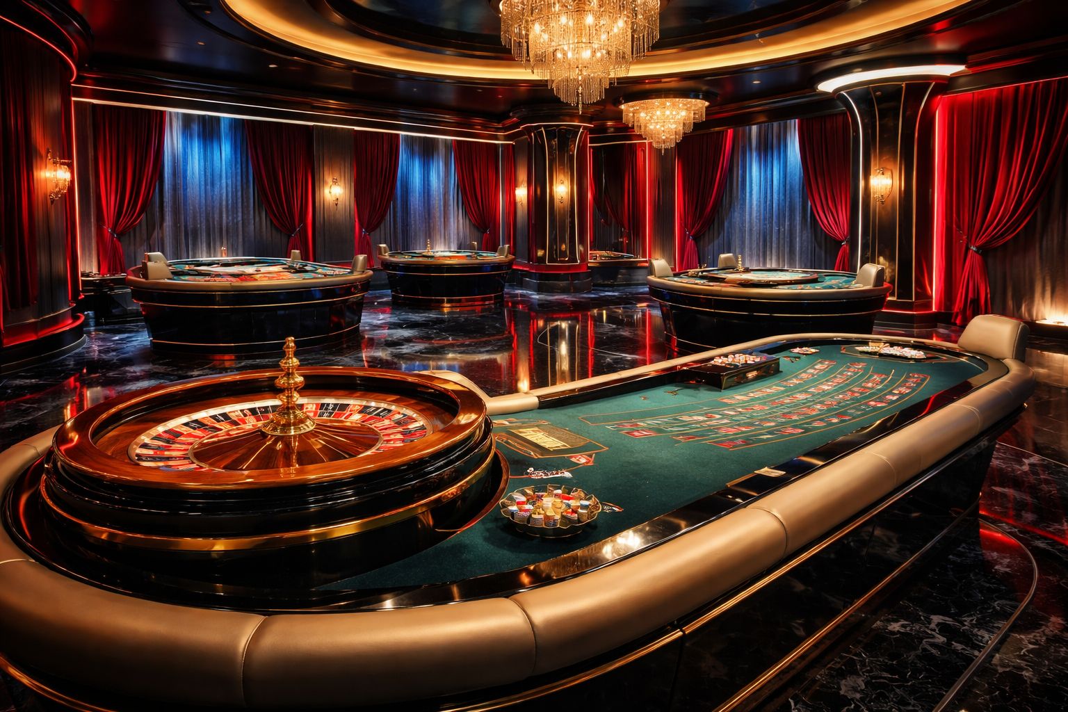 Un estudio elegante de casino en vivo con mesas de ruleta y blackjack mostradas a través de la interfaz de AzuBet en múltiples pantallas.