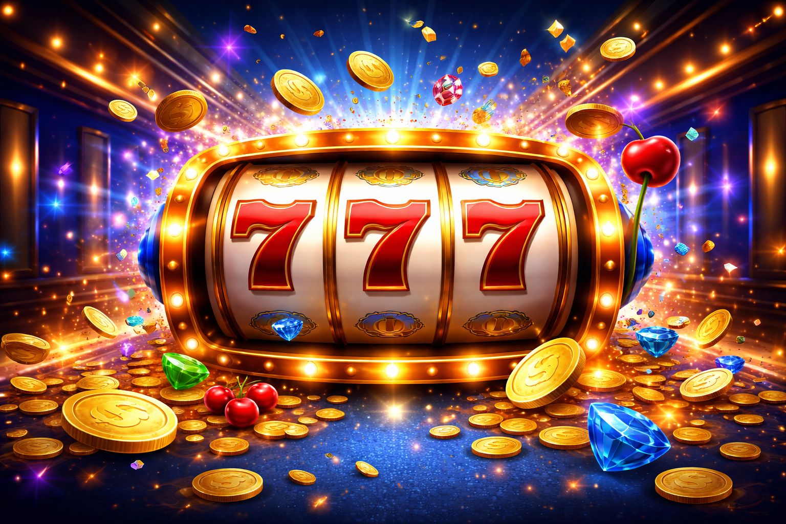 Una interfaz colorida de tragamonedas en AzuBet con carretes brillantes, monedas y una animación de victoria celebratoria en un entorno moderno de casino.